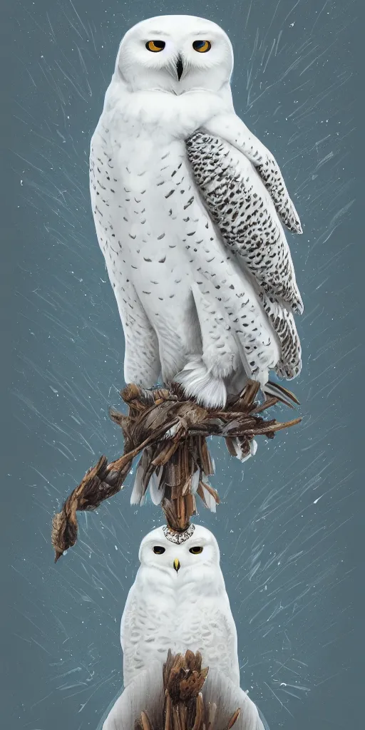 Prompt: portrait of a geometric snowy owl, identical eyes, medium shot, illustration, full body made of white feathers, lily flower quebec flag, symmetrical, art stand, super detailed, cinematic lighting, and its detailed and intricate, gorgeous, by peter mohrbacher