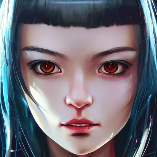 Image similar to A cyberpunk cyborg girl with big and cute eyes, fine-face, realistic shaded perfect face, fine details. not anime. Realistic shaded lighting poster by Ilya Kuvshinov katsuhiro, magali villeneuve, artgerm, Jeremy Lipkin and Michael Garmash, Rob Rey and Kentarõ Miura style, trending on art station