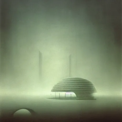 Prompt: arm reaching out of thick fog, round buildings in the distance, smooth architecture, organic, sophisticated, zdzislaw beksinski, architecture of frank lloyd wright, zaha hadid, norman foster