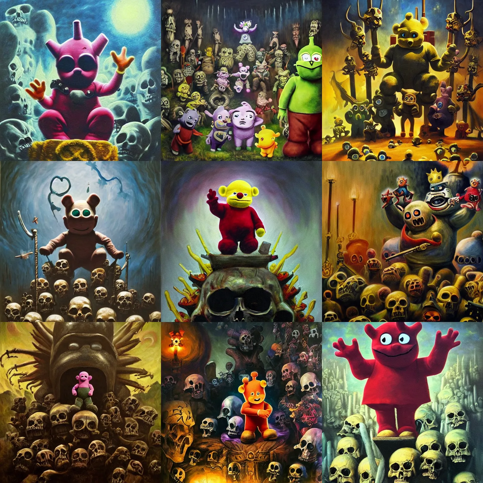 Prompt: teletubby perched atop a throne of skulls, epic dark fantasy oil painting, dimly lit masterpiece, disturbing and evil