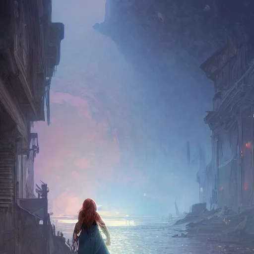 Prompt: a beautiful picture of a blue eye girl, ruins of a destroyed city and a yellow-red moon on background, rainy atmosphere, natural volumetric light, intricate, highly detailed, digital painting, artstation, concept art, sharp focus, illustration, art by greg rutkowski and alphonse mucha