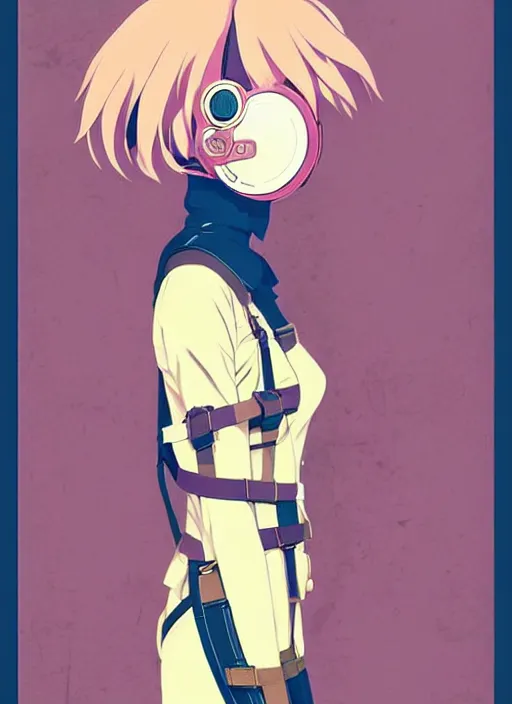 Image similar to singular girl with wearing ww 2 gas mask, ww 2 uniform, very anime!!! anime!! intricate details, aesthetically pleasing pastel colors, poster background, art by conrad roset and ilya kuvshinov