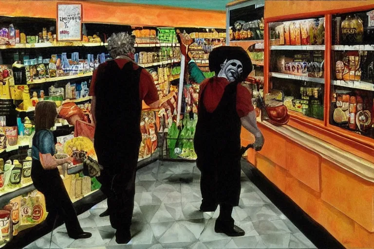 Prompt: black velvet painting of leatherface shopping at a grocery store