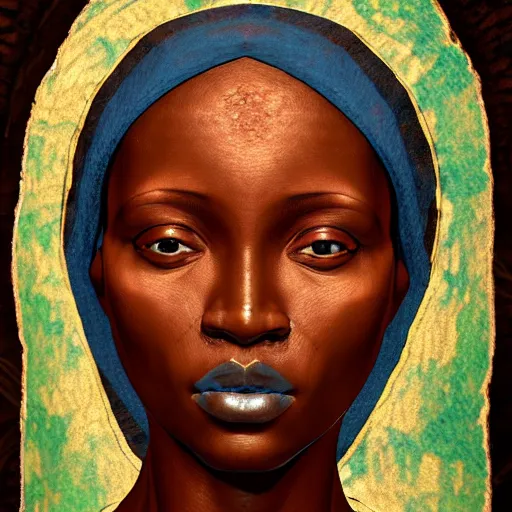 Image similar to fresco of an African woman, realistic, correct details, cosmic dynamic lighting, symmetrical face, accurate face, in the style of renaissance Michelangelo