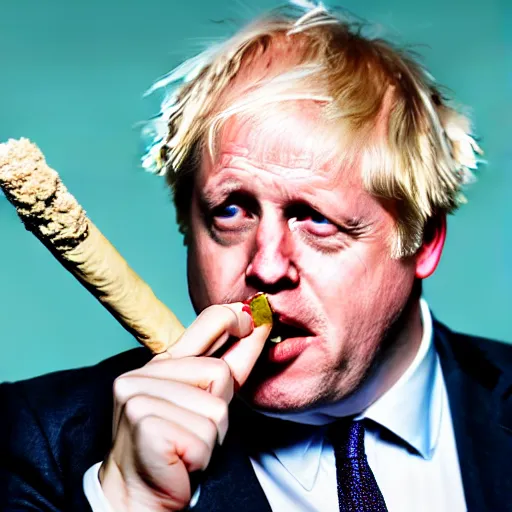Image similar to medium shot photo of Boris Johnson with a joint in his mouth with smoke coming out, 4k, ultra HD