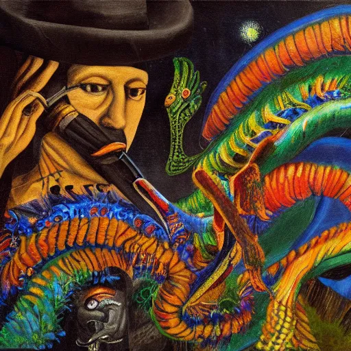 Image similar to high quality, high detail painting, dutch masterpiece, fluxus, blu, film noir, william s burroughs, high garden scene with quetzalcoatl at night, hd, muted lighting