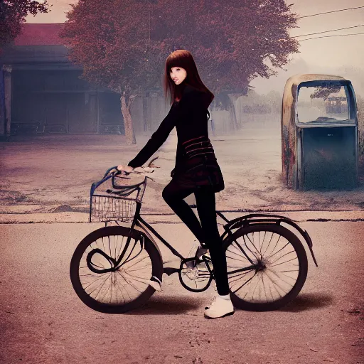 Prompt: Lisa Blackpink walking a bicycle through a post apocalyptic land surreal aesthetic