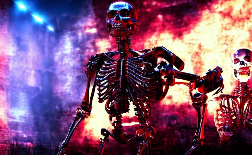 Image similar to terminator skeleton, skynet servers on background. extreme long shot, high detail, low saturated red and blue light, cinematic colors