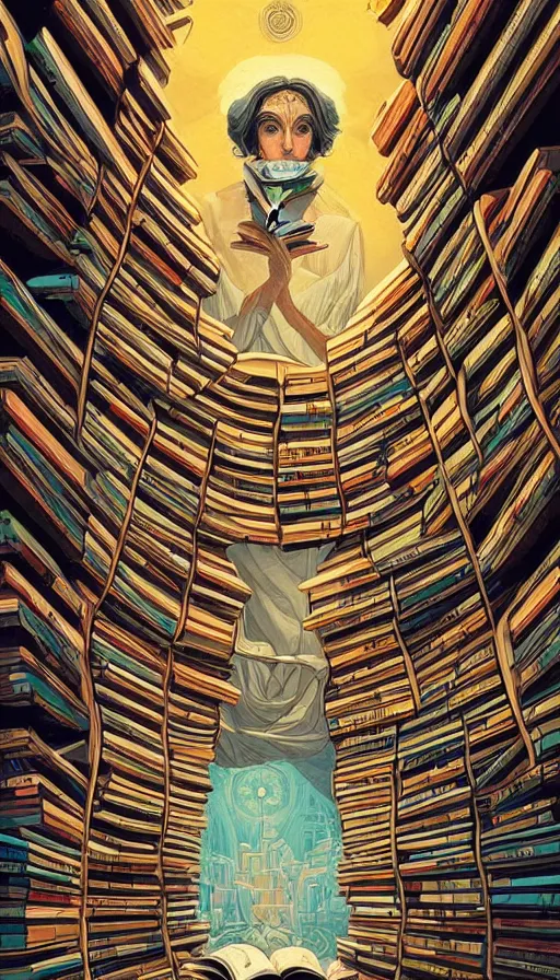 Prompt: The oracle of readers surrounded by ancient books, italian futurism, Dan Mumford, da vinci, Josan Gonzalez