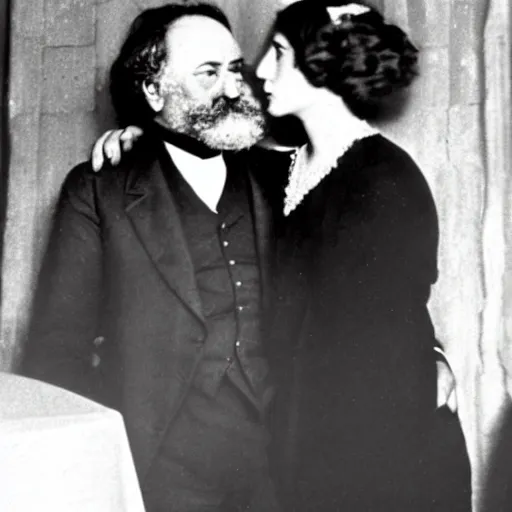 Image similar to Karl Marx and Ayn Rand kissing, wedding photo, 1920, Church backround