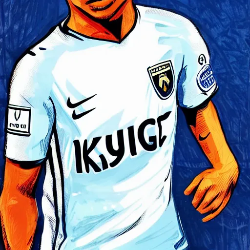 Image similar to kylian mbappe dressed with the malaga football team shirt and malaga badge, 4 k, high contrast colors, hyper detailed!!, super fine inking lines