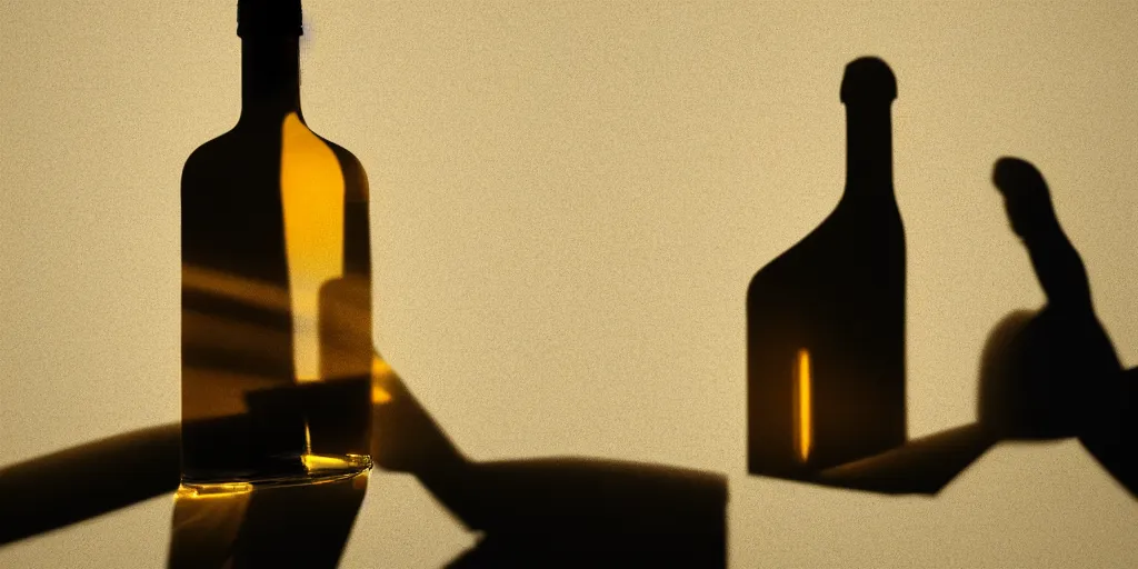 Image similar to the shadow of a man drinking scotch from a bottle, ultra realistic, intricate, epic lighting, Futuristic ,8k resolution