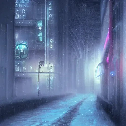 Image similar to mystic winter landscape, cyberpunk atmosphere, pastel colors