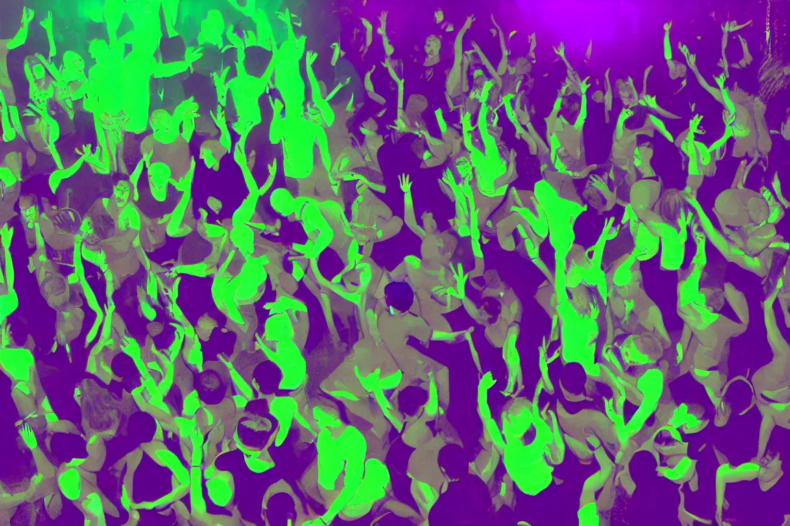 Prompt: henri matisse. close up of sketched humans underground raving standing in circle in a club. a chaotic scenery. palm trees and dj equipment, music, a bar with drinks. slight, fine contours of faces, arms, bodes. disco ball overhead. the floor is green. crazy lights. dark background. jumping. minimalistic color palette. fine brush strokes. horizon
