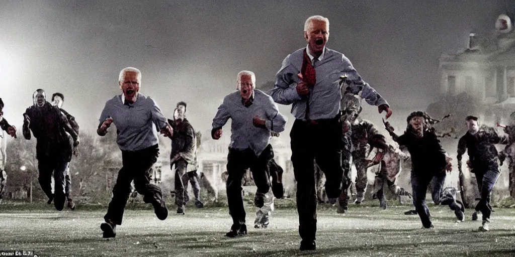 Prompt: movie still of joe biden running away from a hoard of infected zombies on the white house lawn in the movie 2 8 days later, detailed, real, cinematic