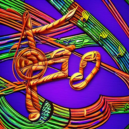 Image similar to musical notes emanating from a bongo drum, digital art, highly detailed, high quality, bright colors,