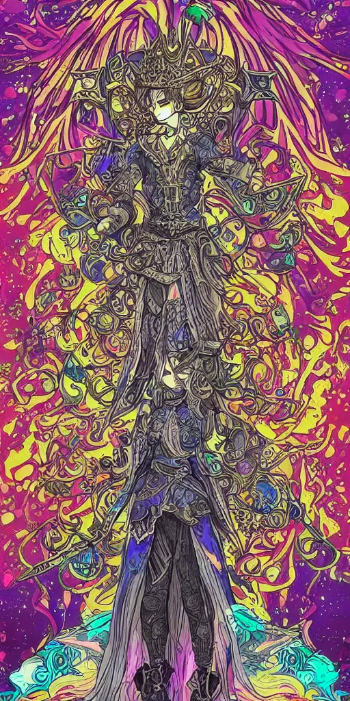 Prompt: a mage from final fantasy 14, intricate, amazing line work, cosmic, psychedelic, cheerful, colorful, tarot cards,