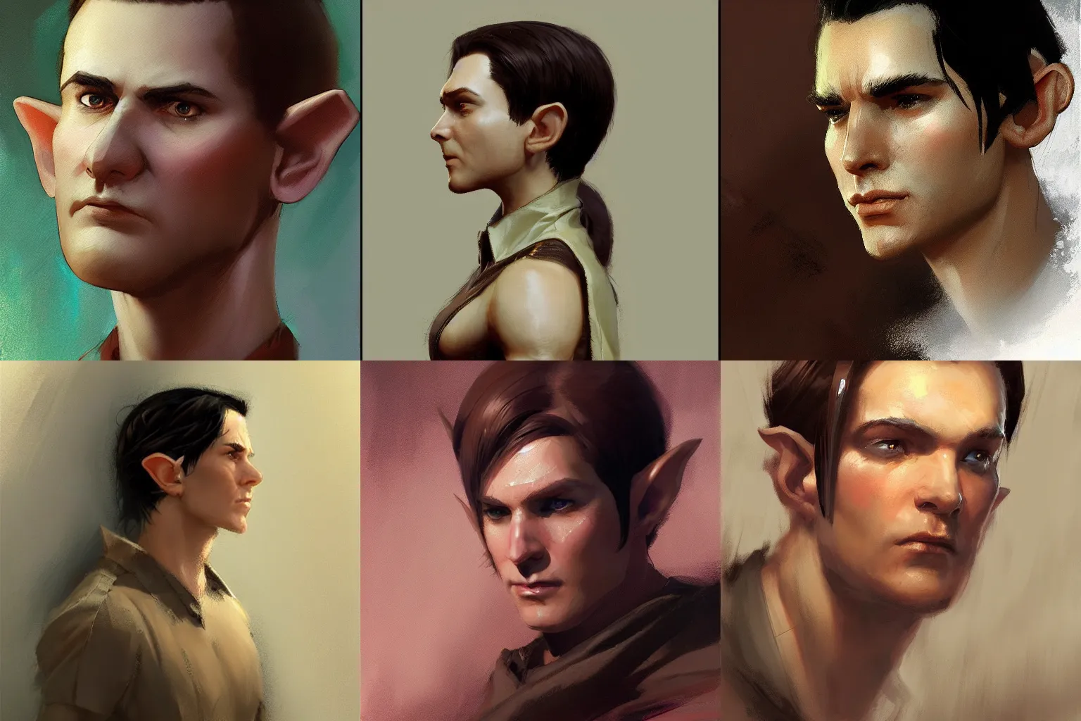 Prompt: elf with slicked back long dark brown hair. of average build. Craig Mullins. Portrait. featured on artstation