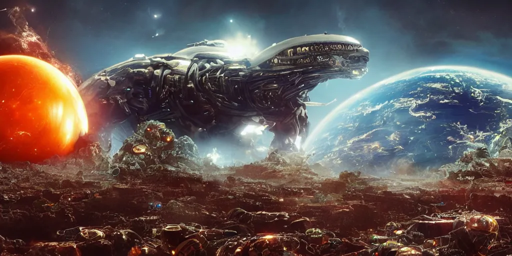 Prompt: view from 2 5 0 million miles in distance. a highly accurate depiction of earth slowly breaking apart, exploding, pieces are floating. florida cyberpunk crab descendants bigger than the earth are crushing it in their massive claws. dramatic lighting, highly coherent, highly detailed, epic, digital art, valerian, silent running, fifth element, octane 3 d render.