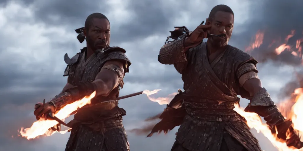 Image similar to a film still of a black man starring in a japanese blockbuster film as ancient evil samurai with fire powers, shallow depth of field, cinematic, award winning cgi, vfx, film still