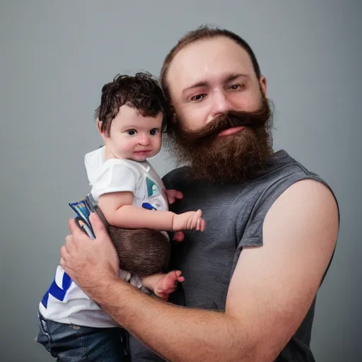 Prompt: a photo of a white man level 1 clipper beard that is happy with his 3 month year old baby boy and his wife with dark hair.