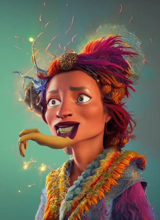 Image similar to an anthropomorphic beautiful smiling goddess female wizard portrait breathing fire wearing colourful robe, dreadlock breed hair, fine art, award winning, intricate, elegant, sharp focus, octane render, hyperrealistic, cinematic lighting, highly detailed, digital painting, 8 k concept art, art by jamie hewlett masterpiece, trending on artstation, 8 k