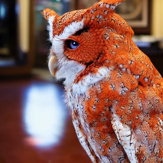 Image similar to a person wearing a fursuit of a red morph screech owl fursona, fursona, furry convention, hotel lobby, indoors, photograph, furry fandom, photorealistic,