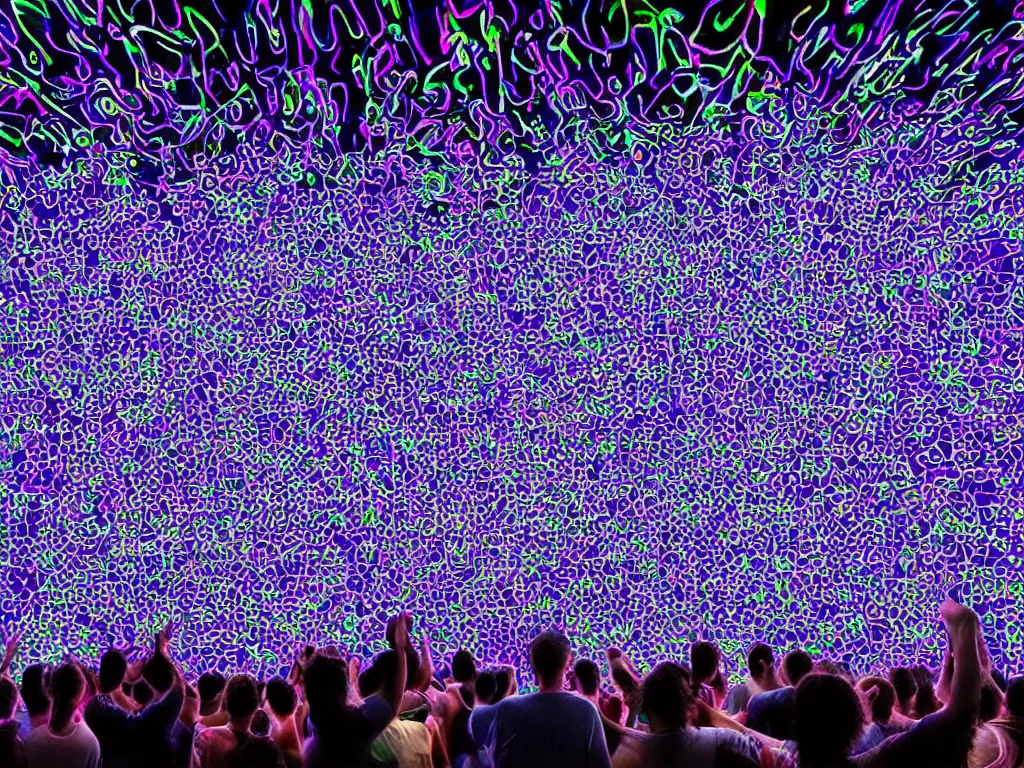 Image similar to group happy humans, many vortexes of overlapping translucent gigantic screens projecting beautiful random images, floating graphics, dripping light drops, hands touching light drops, supercomputers transforming text to images, perfect lighting pixel sorting