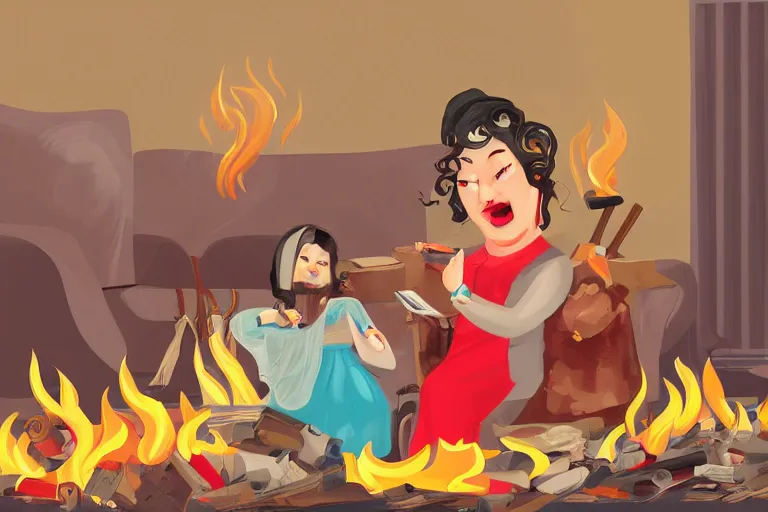 Prompt: a crazy opera singer hurries up to pack daughter's things in suitcase, surrounded with fire, clothes are flying around in room, digital art, trending on artstation