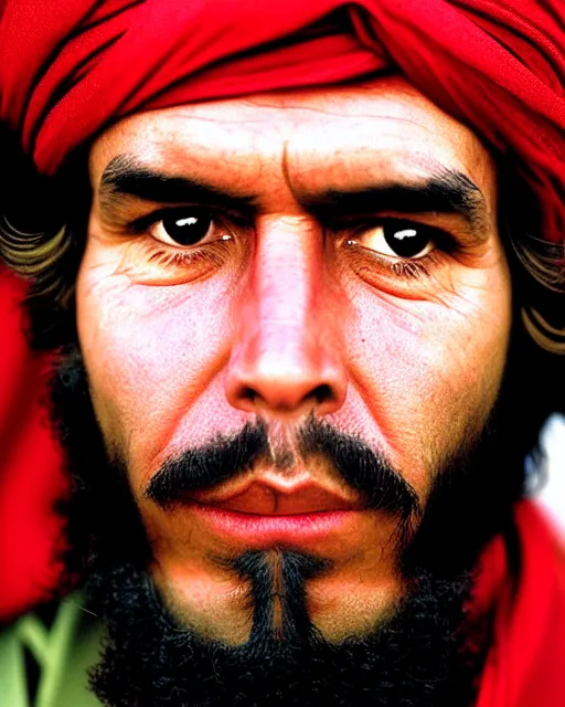 Image similar to portrait of che guevara as afghan man, green eyes and red scarf looking intently, photograph by steve mccurry