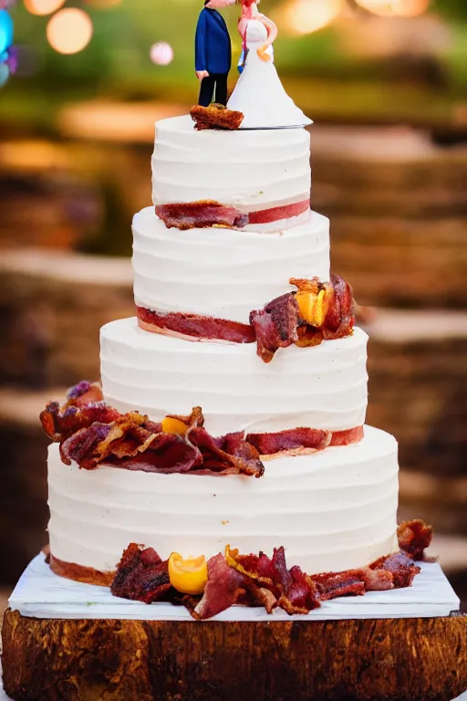 Image similar to a wedding cake made of bacon, professional food photo, bride and groom on top of the wedding cake,