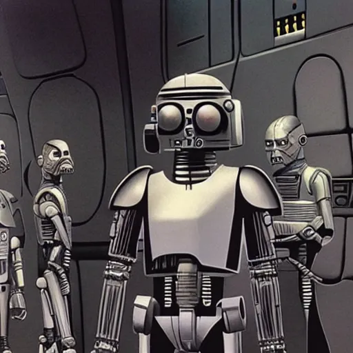 Prompt: ig-88 talking in the cantina, artwork by ralph mcquarrie