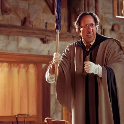 Prompt: movie still of chevy chase comically flying a broom in hogwarts, movie still, high resolution, highly detailed, realistic lighting, artstation