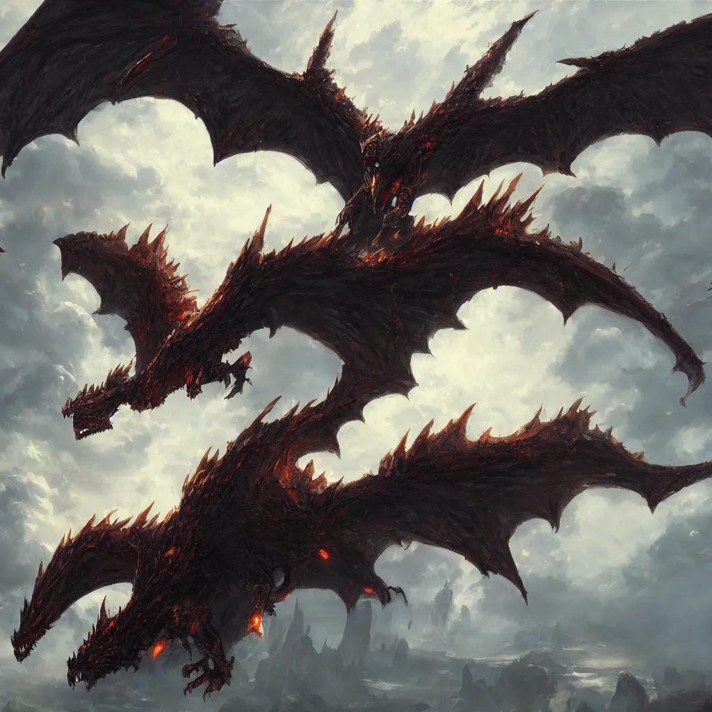 Prompt: oil painting of one deathwing dragon flying down on earth by greg rutkowski, closed up view