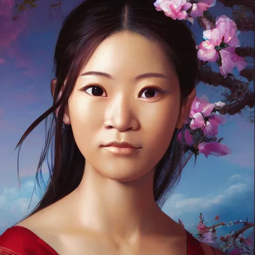Prompt: portrait of a young okinawan woman ( 3 5 ) from okinawa, japan in 2 0 2 1, an oil painting by ross tran and thomas kincade