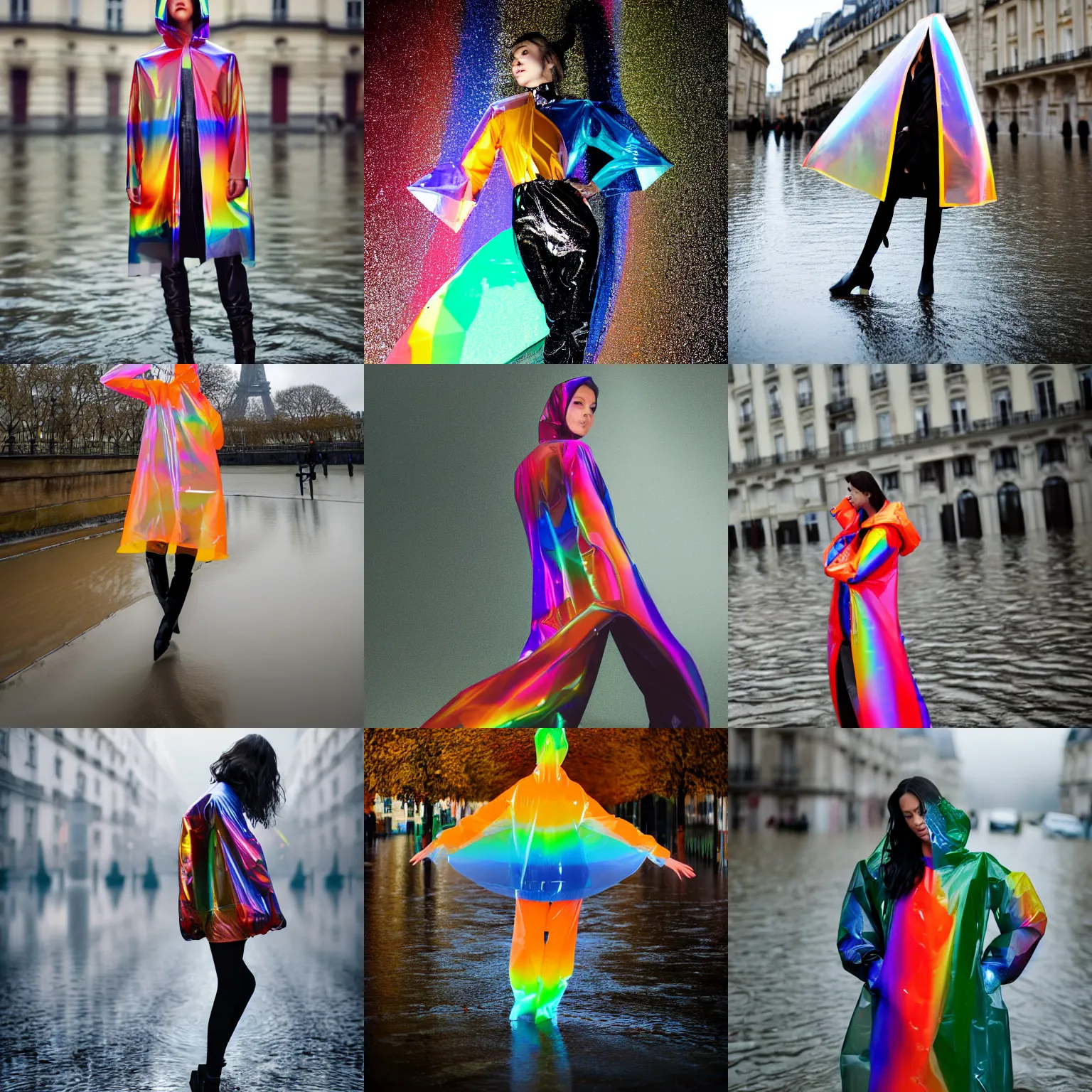 Prompt: Fall lookbook fashion extreme closeup portrait photoshoot of figure dancing in waist high in heavy nighttime paris floods, water to waste, wearing a translucent refracting rainbow diffusion wet plastic zaha hadid designed specular highlights raincoat by Nabbteeri, épaule devant pose, ultra realistic, Kodak , 4K, 75mm lens, three point perspective, , chiaroscuro, highly detailed, by moma