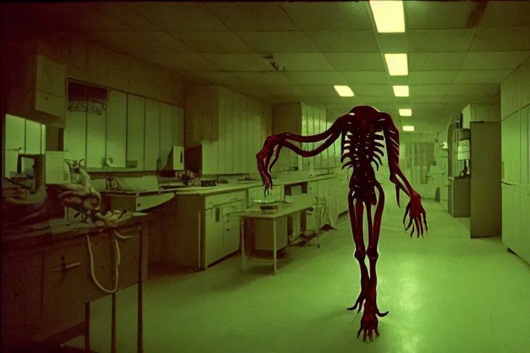 Prompt: a scary filmic wide shot color ground level angle movie still 35mm film photograph of the full body of a dangerous shape shifting alien creature, with multiple mutated snarling drooling human faces with a grotesque variety of human and animal limbs protruding from its lower torso inside of a 1970s science lab, neon lights, dirty, ektachrome photograph, volumetric lighting, f8 aperture, cinematic Eastman 5384 film