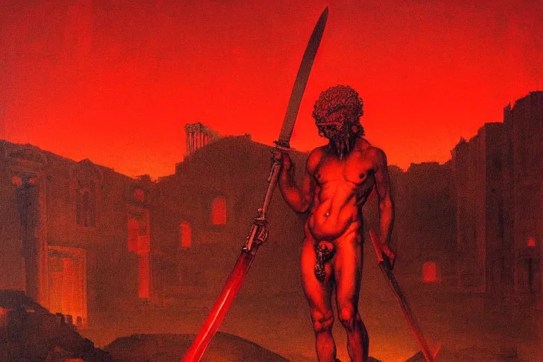 Image similar to only with red, a red melted apollo with a laurel wreath and a flaming sword announce the win, athens in the background, in the style of beksinski, part by hopper, part by rodcenko, part by hofbauer, intricate composition, red by caravaggio, insanely quality, highly detailed, masterpiece, red light, artstation