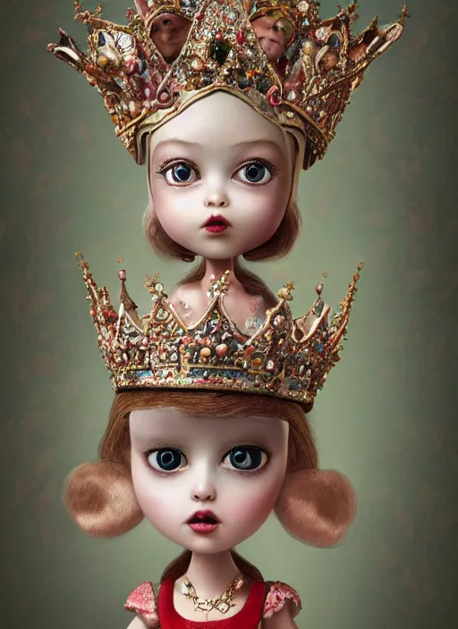 Prompt: closeup portrait of tin toy fairytale princess wearing a crown, depth of field, zeiss lens, detailed, symmetrical, centered, fashion photoshoot, by ray caesar, nicoletta ceccoli, mark ryden, lostfish, breathtaking, 8 k resolution, extremely detailed, beautiful, establishing shot, artistic, hyperrealistic, octane render