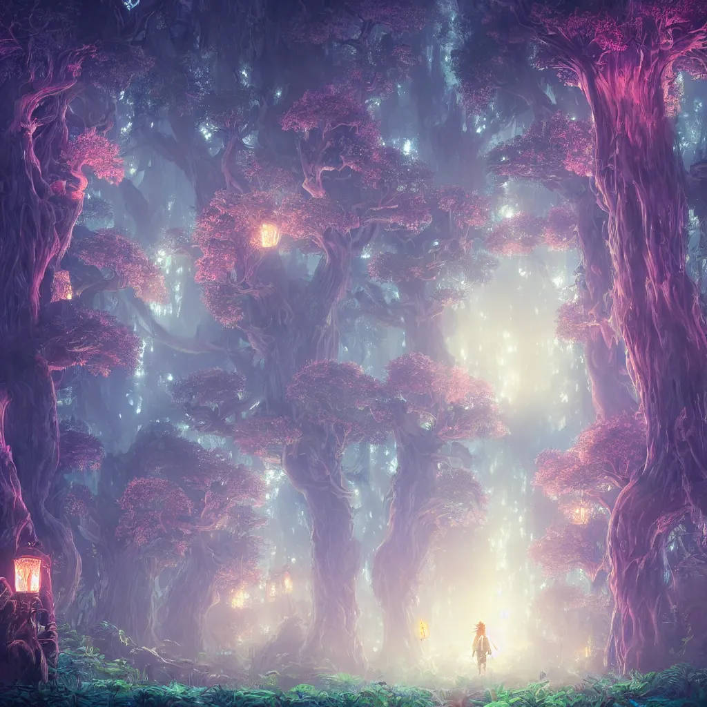 Prompt: huge trees and lanterns, misty nighttime. radiating rich energy. photorealistic, moody atmosphere, volumetric shading, holographic dreamlike, intricate and detailed, vivid colors. ori and the blind forest, breath of the wild style, by miyazaki ghibli!!!. trending on artstation. award winning, daily deivation. pastel!! pink accents.