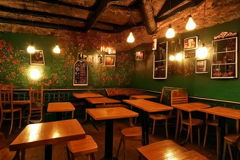 Image similar to belarussian cafe, state of melancholy, romantic, dimmed lights, realistic