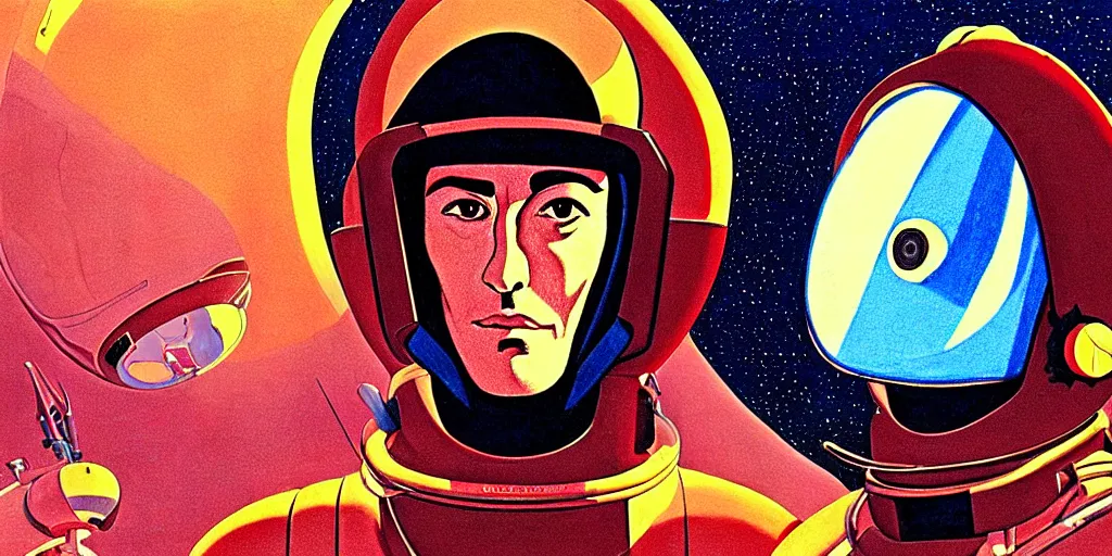 Image similar to traditional drawn colorful animation a symmetrical portrait of Alain Delon Stallone pilot in posing in spaceship station planet captain bridge, сomet tail, outer worlds, robots, extraterrestrial hyper contrast well drawn in Jean Henri Gaston Giraud animation film The Masters of Time FANTASTIC PLANET La planète sauvage animation by René Laloux
