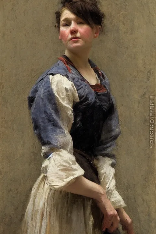 Image similar to Richard Schmid and Jeremy Lipking and Jonathan Pratt full length portrait painting of a young beautiful traditonal victorian peasant woman