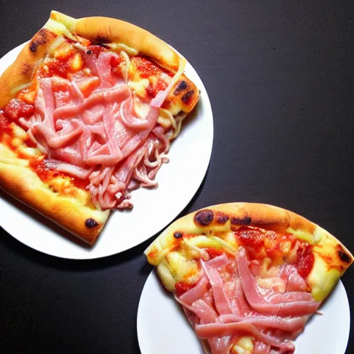 Image similar to ramen noodle and ham pizza with pepto bismol sauce.