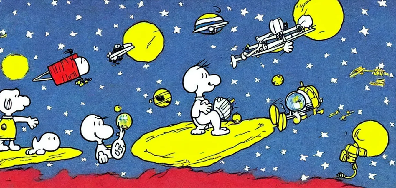 Image similar to calvin and snoopy in space exploring an alien planet, drawn by bill watterson and charles schulz, very detailed and cute and dreamy and playful