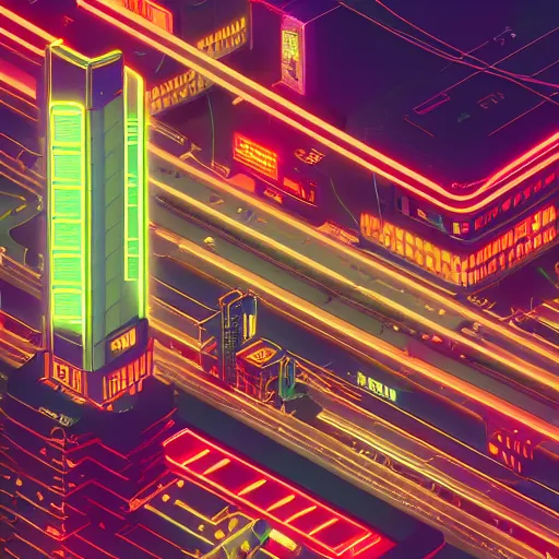 Image similar to isometric cyberpunk city, many vintage neon signs, futuristic highways, render, octane, 4k, highly detailed, vivid colors, high definition, by James Gilleard and Makoto Shinkai, Akira movie vibe