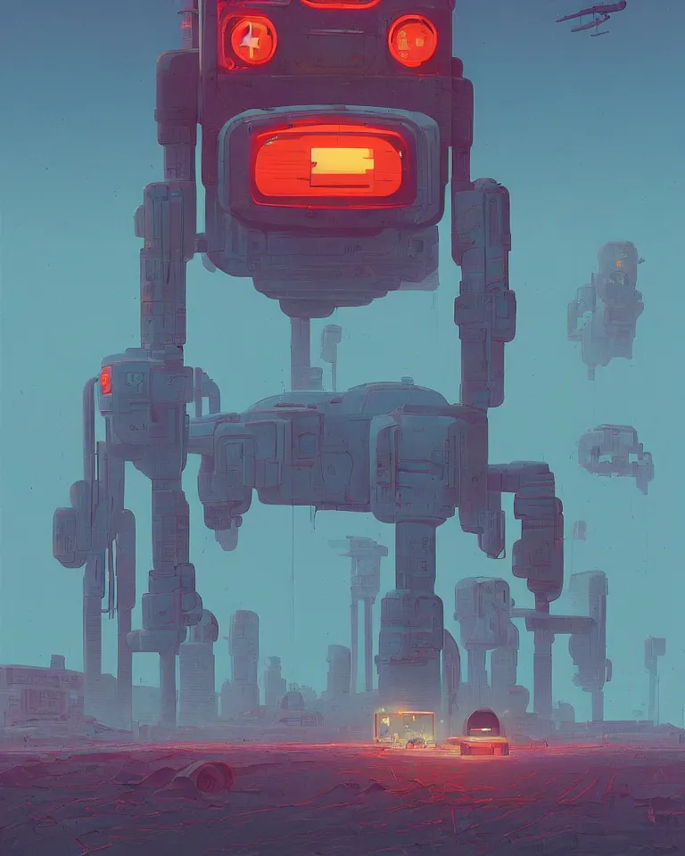 Prompt: Retro sc-fi poster by Simon Stålenhag, giant broken robot, rural landscape