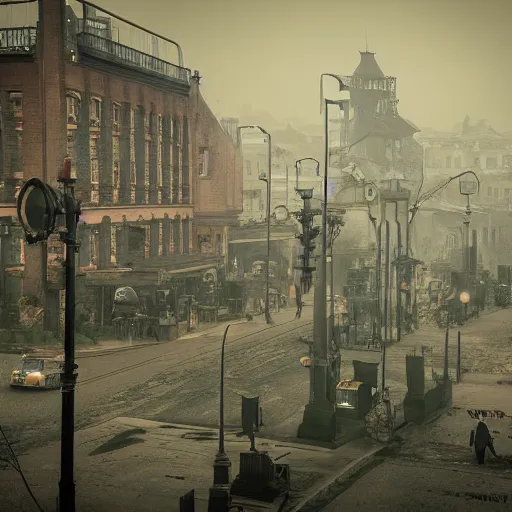 Prompt: steampunk era, polluted air, town overview, gloomy atmosphere
