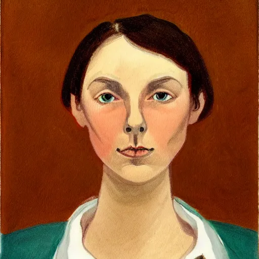 Image similar to symmetry portrait of welsh brunette student by herself in the style of brenda chamberlain