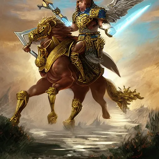 Image similar to a human king holding a golden sword and a golden shield riding a griffin, fantasy card game art